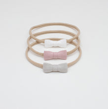 Load image into Gallery viewer, Set of 3 Natural Linen Mini Tiny Small Bows Baby Girl Headbands Grey Rose White