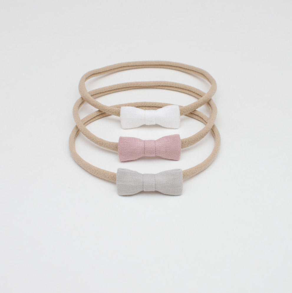 Set of 3 Natural Linen Mini Tiny Small Bows Baby Girl Headbands Grey Rose White