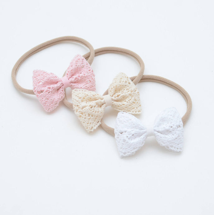 Cotton White Classic Small Bow Lace Headband Bow One size Pink Ecru White