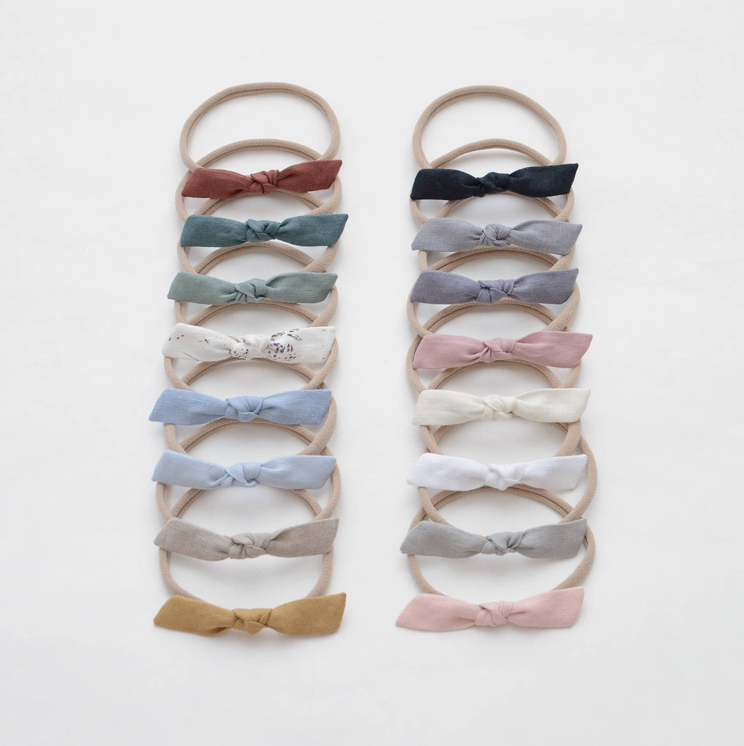 hand tied tiny knotted headband bow natural linen choose your color